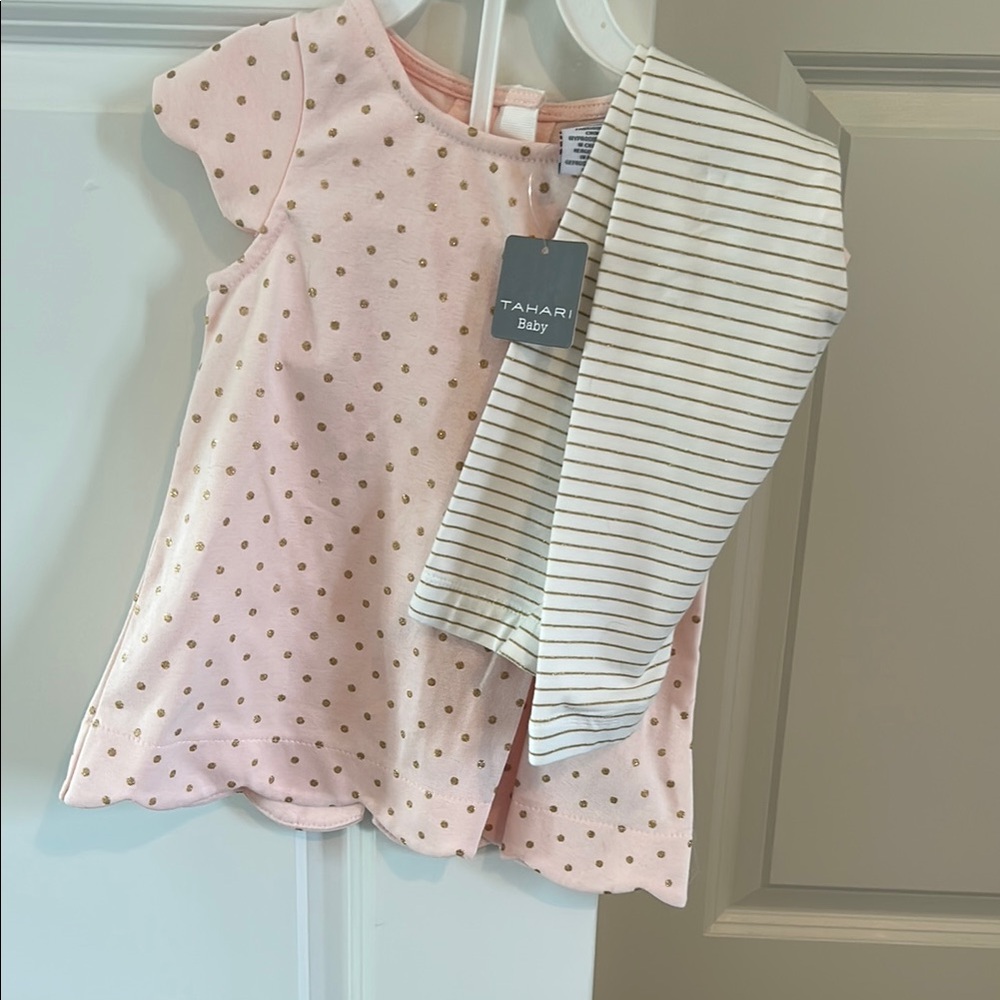 Tahari Baby Pink and Gold Polka Dot Dress with Striped Leggings NWT